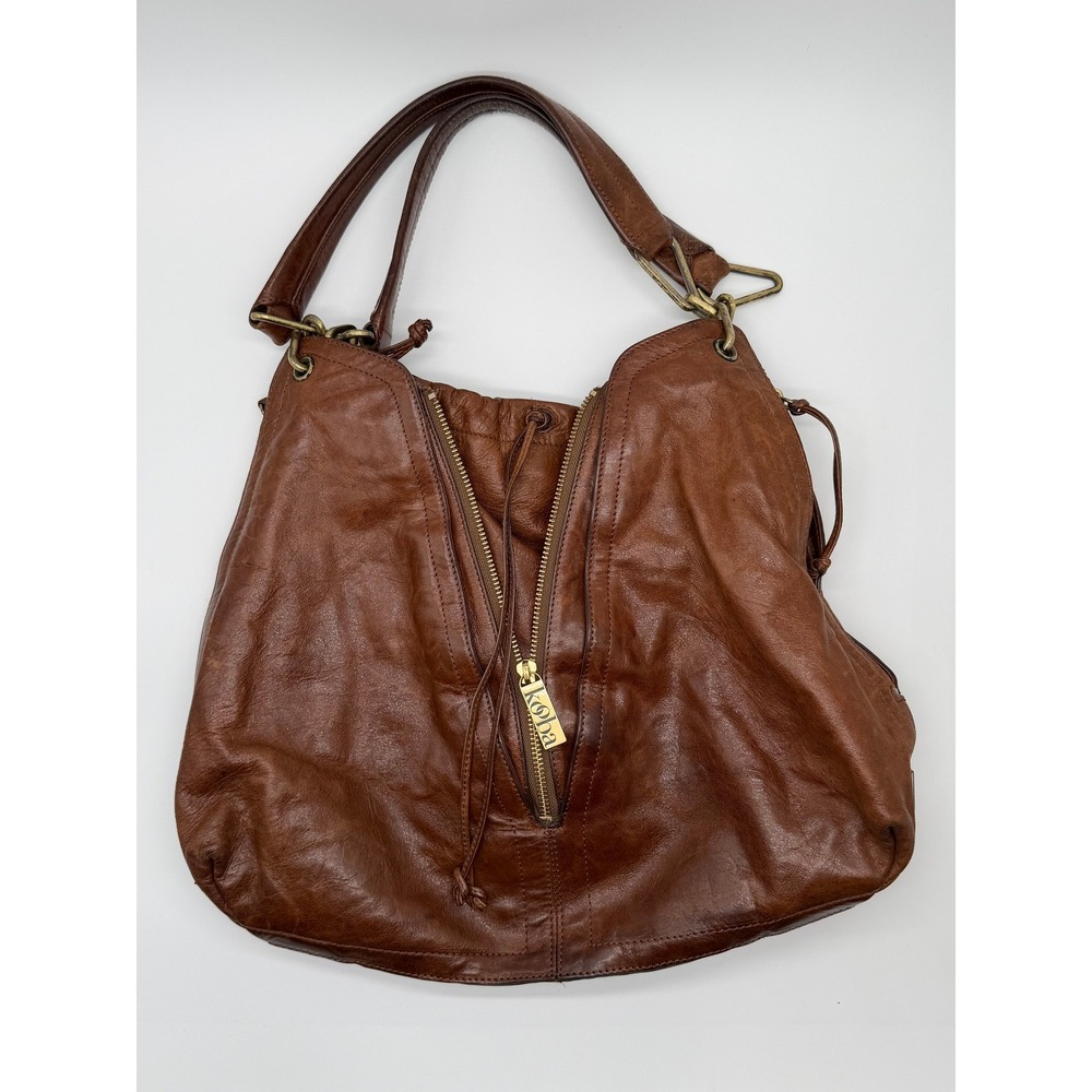 Kooba Hobo Bag Womens Large Brown Leather Multi Zip Slouchy Shoulder Bag